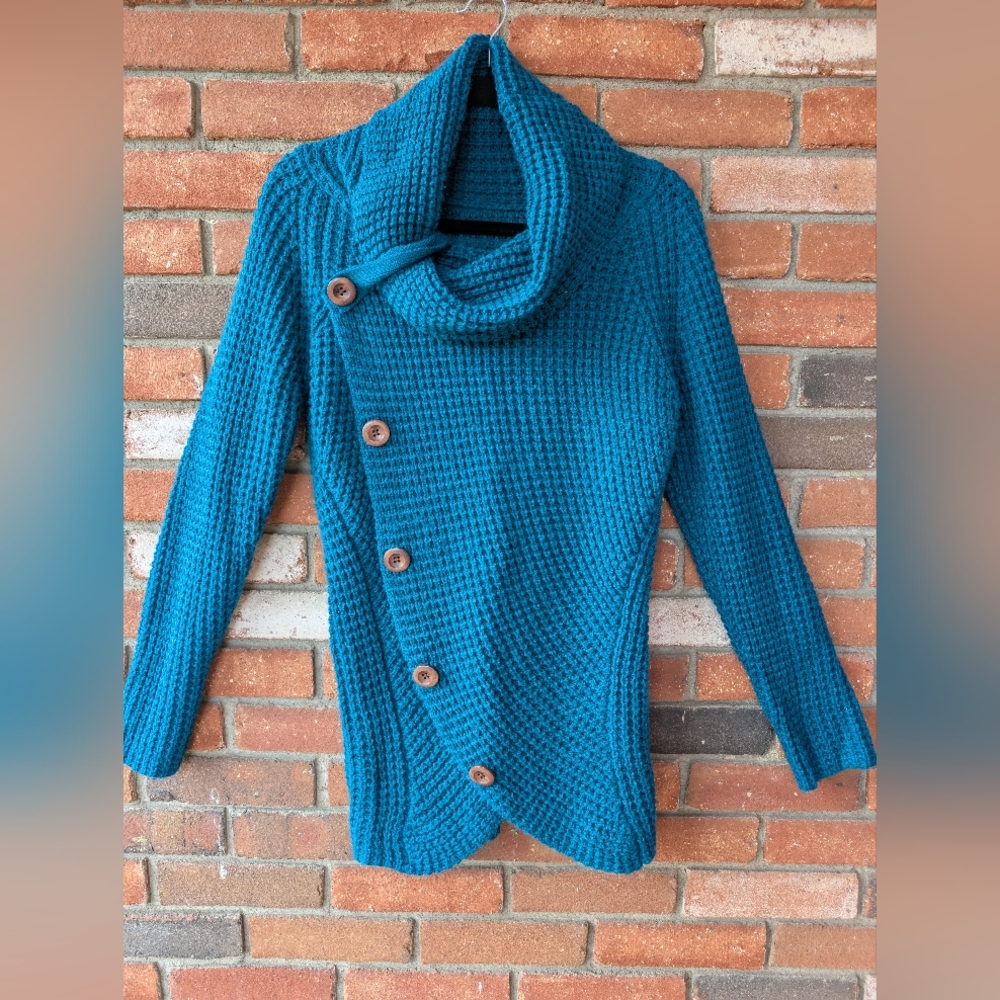 Teal Faux Button-Up Sweater Pullover Large